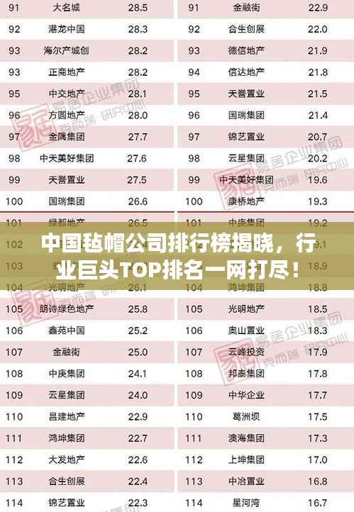 中国毡帽公司排行榜揭晓,行业巨头TOP排名一网打尽!